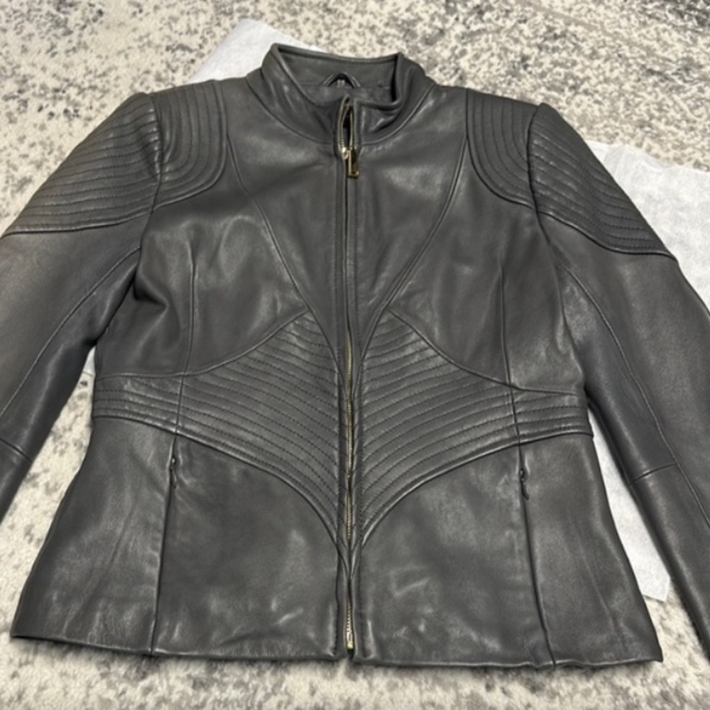 Grey leather jacket 100% lamb leather Elie Tahari